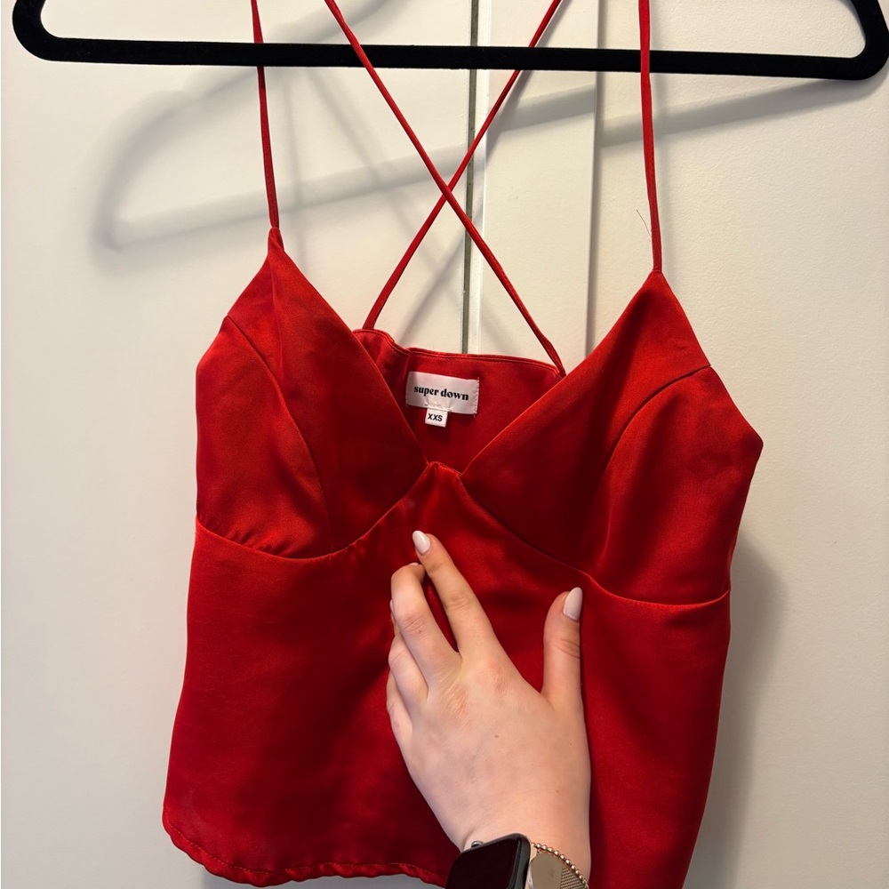 superdown Red Satin Cami Tank with Crisscross Straps